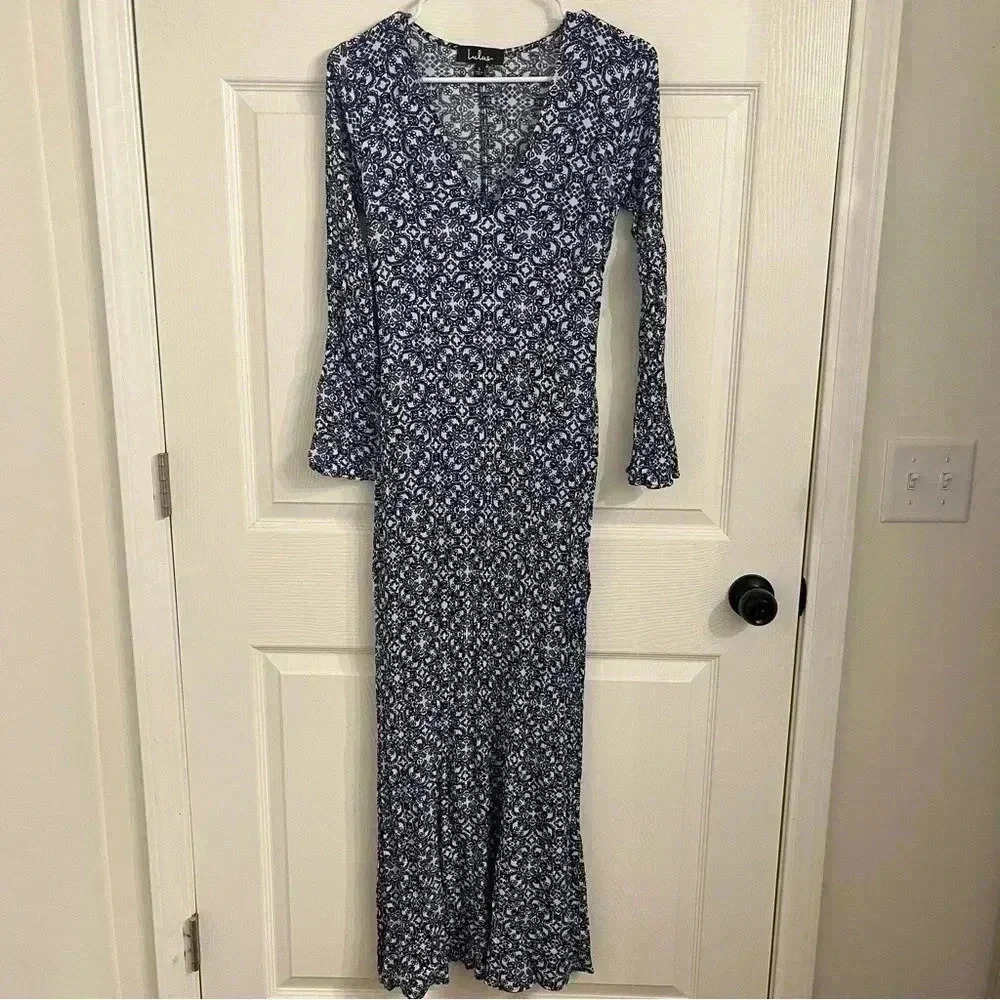 Lulus Maxi Dress Blue Slit With Tie Back Size S